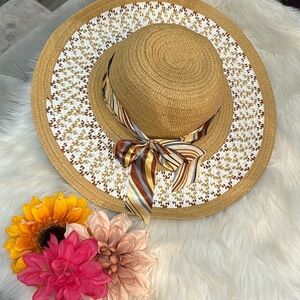 Elegant Tan and White Sun Hat with Ribbon